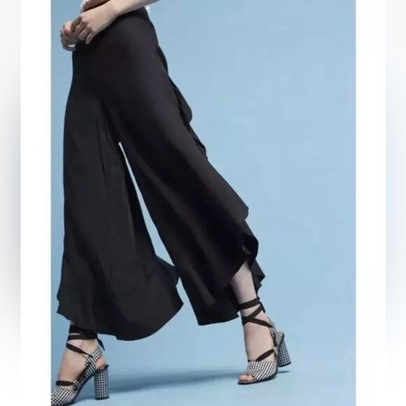 ANTHROPOLOGIE ELEVENSES ANTILLES WIDE LEG BLACK RUFFLE PANTS SIZE 0 - Picture 3 of 10